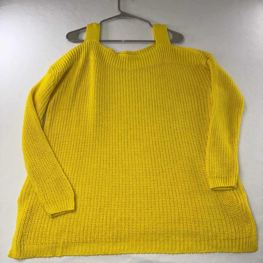 438 Boho Soft Surroundings Cold Shoulder Sweater XL Yellow Chunky Knit Pullover